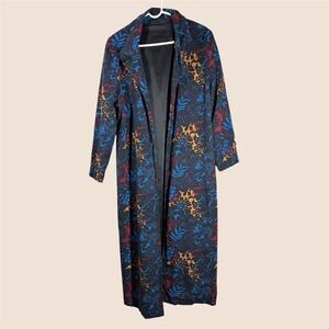 Floral Open Duster Trench Coat Women's L Black Whimsigoth Dark Boho Gothic